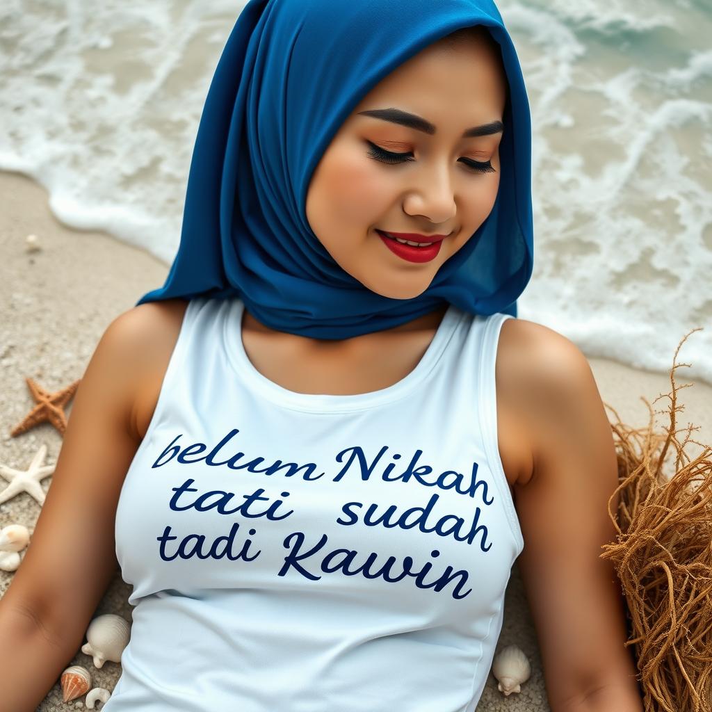 A striking digital photograph featuring the text "belum Nikah tapi sudah Kawin" artfully displayed on a white vest worn by a 24-year-old Taiwanese woman