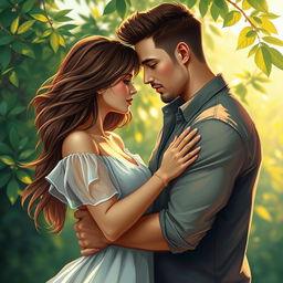 An artistic interpretation of love and intimacy, featuring a couple softly embracing in a serene setting, surrounded by gentle sunlight filtering through lush greenery