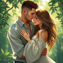 An artistic interpretation of love and intimacy, featuring a couple softly embracing in a serene setting, surrounded by gentle sunlight filtering through lush greenery