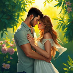 An artistic interpretation of love and intimacy, featuring a couple softly embracing in a serene setting, surrounded by gentle sunlight filtering through lush greenery