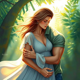 An artistic interpretation of love and intimacy, featuring a couple softly embracing in a serene setting, surrounded by gentle sunlight filtering through lush greenery