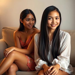 A stunning 18-year-old Latina girl with luscious dark hair, warm golden skin, and piercing brown eyes sits comfortably on a plush couch, wearing a vibrant short dress with a subtle floral pattern