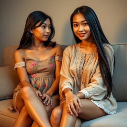 A stunning 18-year-old Latina girl with luscious dark hair, warm golden skin, and piercing brown eyes sits comfortably on a plush couch, wearing a vibrant short dress with a subtle floral pattern