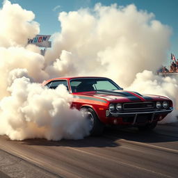 A high-octane scene of a car performing a spectacular burnout on a racetrack