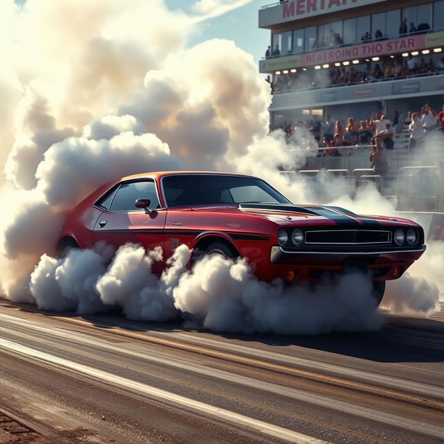 A high-octane scene of a car performing a spectacular burnout on a racetrack