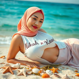A captivating digital photograph presenting the text "Nikah 𝙓 Kawin √" artistically inscribed on a white vest worn by a 24-year-old Chinese woman