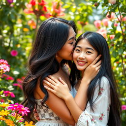 A stunning 18-year-old Latina girl with luscious dark hair, warm golden skin, and piercing brown eyes, gently kissing a beautiful 21-year-old Asian girl with silky black hair and delicate features