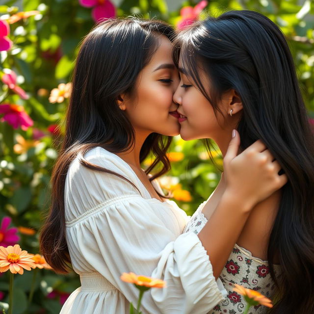 A stunning 18-year-old Latina girl with luscious dark hair, warm golden skin, and piercing brown eyes, gently kissing a beautiful 21-year-old Asian girl with silky black hair and delicate features