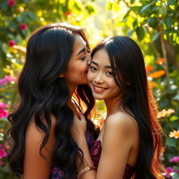 A stunning 18-year-old Latina girl with luscious dark hair, warm golden skin, and piercing brown eyes, gently kissing a beautiful 21-year-old Asian girl with silky black hair and delicate features