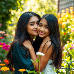 A stunning 18-year-old Latina girl with luscious dark hair, warm golden skin, and piercing brown eyes, gently kissing a beautiful 21-year-old Asian girl with silky black hair and delicate features