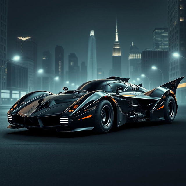 A custom Batmobile design combining elements from the classic 1966 Batmobile, the sleek 1989 Batmobile, the modern aesthetics of the 2005 Batmobile, and the tactical features of the 2009 Batmobile