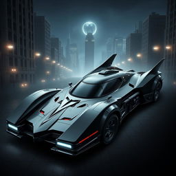 A custom Batmobile design combining elements from the classic 1966 Batmobile, the sleek 1989 Batmobile, the modern aesthetics of the 2005 Batmobile, and the tactical features of the 2009 Batmobile