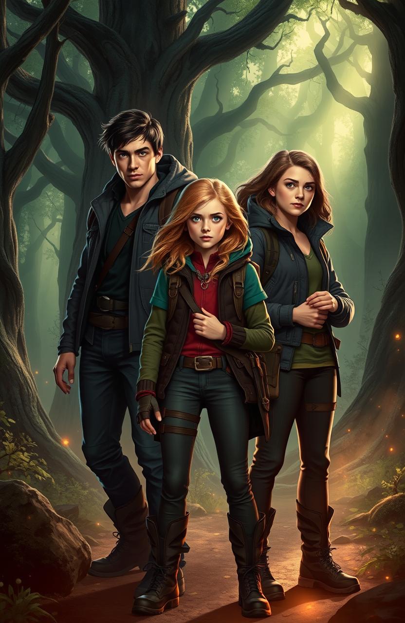 A dynamic and adventurous scene featuring three teenagers, Alaric, Elowen, and Tamsin, standing boldly in an enchanting forest filled with ethereal light and dense shadows