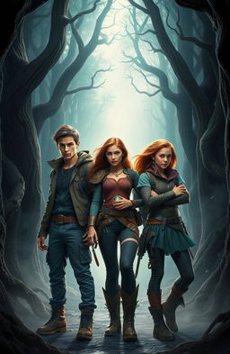 A dynamic and adventurous scene featuring three teenagers, Alaric, Elowen, and Tamsin, standing boldly in an enchanting forest filled with ethereal light and dense shadows