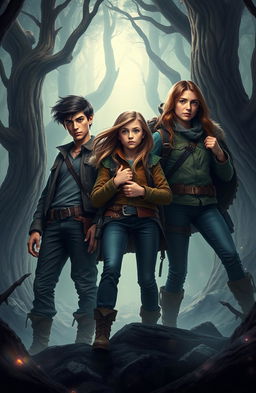 A dynamic and adventurous scene featuring three teenagers, Alaric, Elowen, and Tamsin, standing boldly in an enchanting forest filled with ethereal light and dense shadows