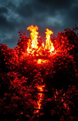 A dramatic scene of an Ivy tree engulfed in bright red flames and glowing embers, with Ivy leaves bursting into flames