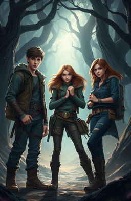 A dynamic and adventurous scene featuring three teenagers, Alaric, Elowen, and Tamsin, standing boldly in an enchanting forest filled with ethereal light and dense shadows