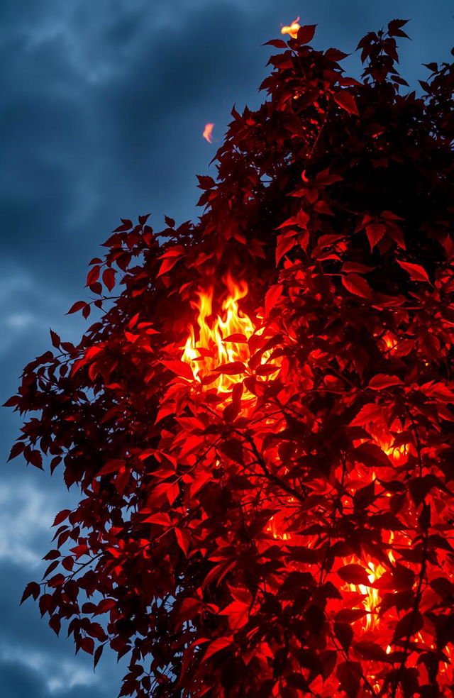 A dramatic scene of an Ivy tree engulfed in bright red flames and glowing embers, with Ivy leaves bursting into flames