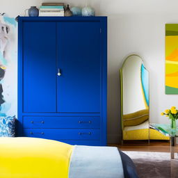 A modern bedroom featuring blue and yellow tones. Includes a chic blue cupboard, a sleek dressing area with a mirror, and a bed dressed in blue and yellow linens. The room is artfully decorated balancing style, comfort, and functionality.