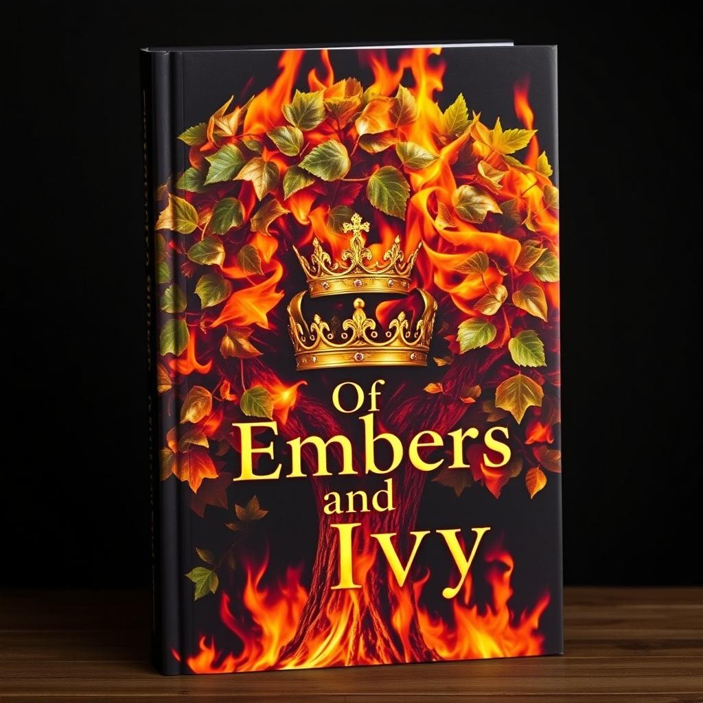 A dramatic book cover featuring an Ivy tree engulfed in flames and vivid embers