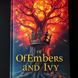 A captivating fantasy book cover featuring a grand Ivy tree engulfed in flames, with embers glowing brightly among the burning Ivy leaves