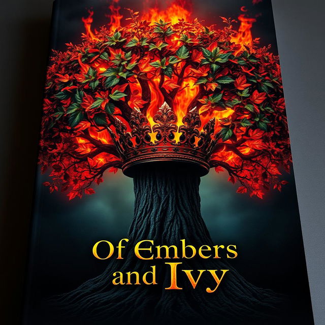 A captivating fantasy book cover featuring a grand Ivy tree engulfed in flames, with embers glowing brightly among the burning Ivy leaves