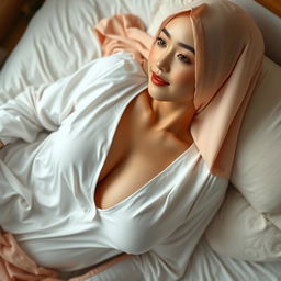 A captivating digital photograph showcasing the text "PABRIK SUSU" elegantly displayed on a white deep V-neck blouse worn by a 24-year-old Chinese woman