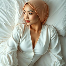 A captivating digital photograph showcasing the text "PABRIK SUSU" elegantly displayed on a white deep V-neck blouse worn by a 24-year-old Chinese woman