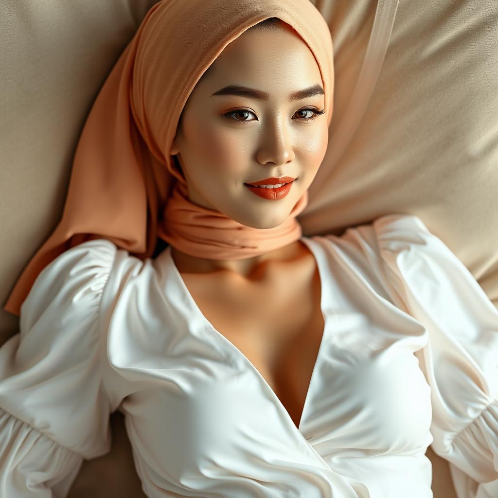 A captivating digital photograph showcasing the text "PABRIK SUSU" elegantly displayed on a white deep V-neck blouse worn by a 24-year-old Chinese woman