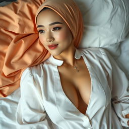 A captivating digital photograph showcasing the text "PABRIK SUSU" elegantly displayed on a white deep V-neck blouse worn by a 24-year-old Chinese woman