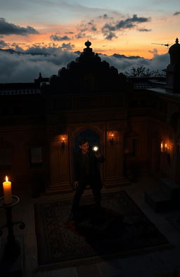 A mysterious and suspenseful scene set in an old, abandoned Indian haveli nestled in the mountains