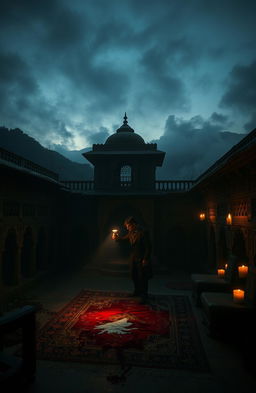 A mysterious and suspenseful scene set in an old, abandoned Indian haveli nestled in the mountains