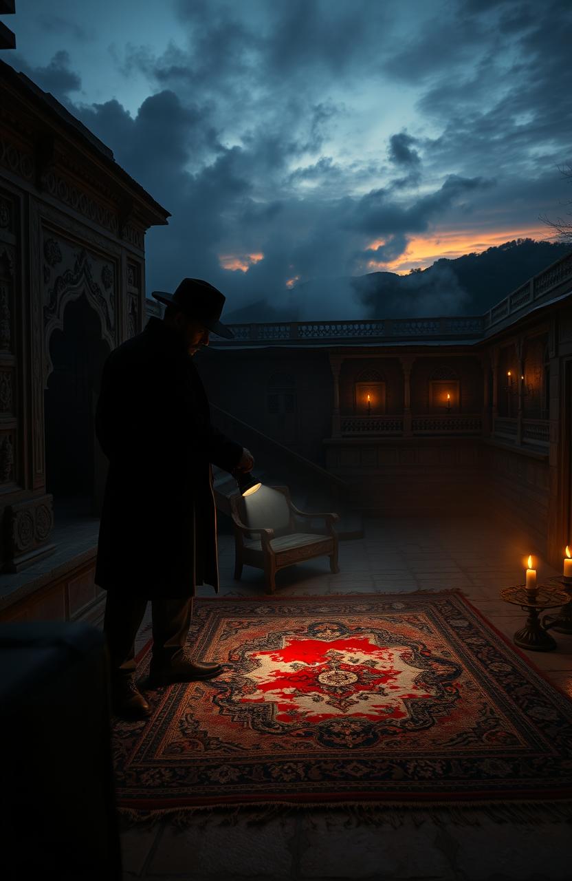 A mysterious and suspenseful scene set in an old, abandoned Indian haveli nestled in the mountains