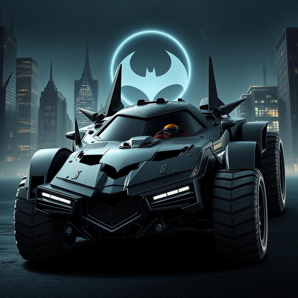 A custom Batmobile design for Batman that incorporates elements from the classic 1966 Batmobile, the sleek 1989 Batmobile, the modern aesthetics of the 2005 Batmobile, and the tactical features of the 2009 Batmobile, enhanced with a robust, masculine, military-inspired design