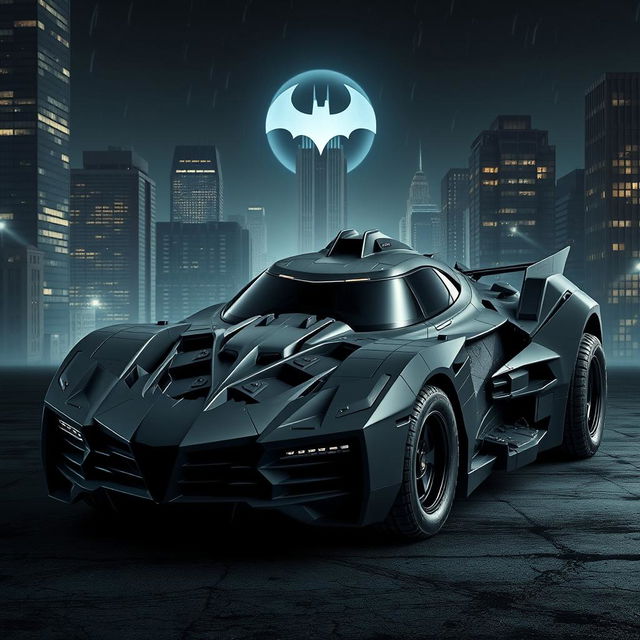 A custom Batmobile design for Batman that incorporates elements from the classic 1966 Batmobile, the sleek 1989 Batmobile, the modern aesthetics of the 2005 Batmobile, and the tactical features of the 2009 Batmobile, enhanced with a robust, masculine, military-inspired design