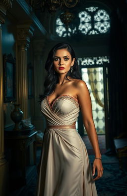 A beautiful woman in an elegant dress, standing in a grand, opulent mansion in India