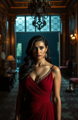 A beautiful woman in an elegant dress, standing in a grand, opulent mansion in India