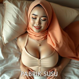 A beautiful digital photograph featuring the text "PABRIK SUSU" tastefully placed at the bottom of a low-cut top worn by a 22-year-old Chinese woman