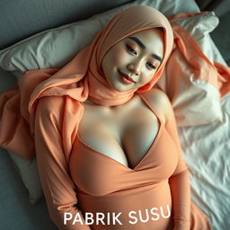 A beautiful digital photograph featuring the text "PABRIK SUSU" tastefully placed at the bottom of a low-cut top worn by a 22-year-old Chinese woman