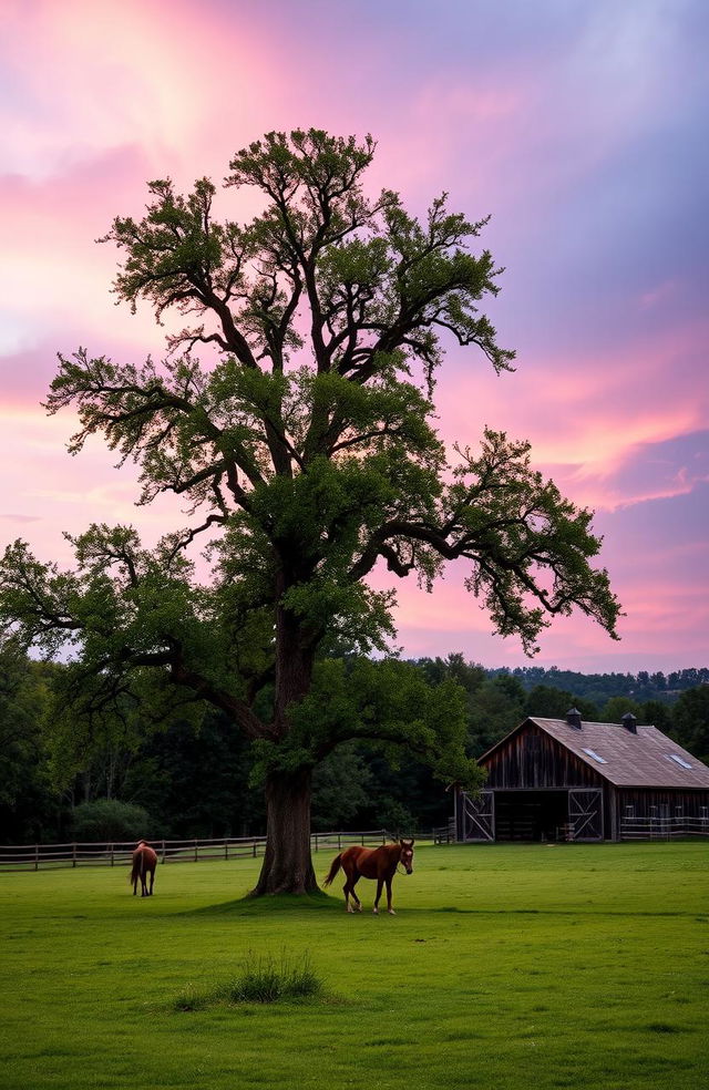 A picturesque romance-themed scene featuring a tall oak tree standing majestically in a lush, green pasture, with a few horses grazing peacefully in the background