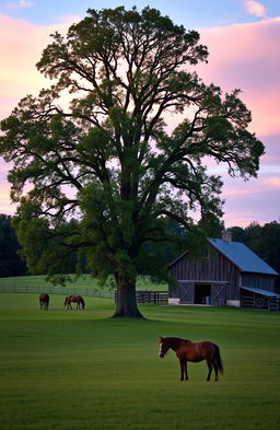 A picturesque romance-themed scene featuring a tall oak tree standing majestically in a lush, green pasture, with a few horses grazing peacefully in the background