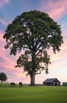A picturesque romance-themed scene featuring a tall oak tree standing majestically in a lush, green pasture, with a few horses grazing peacefully in the background