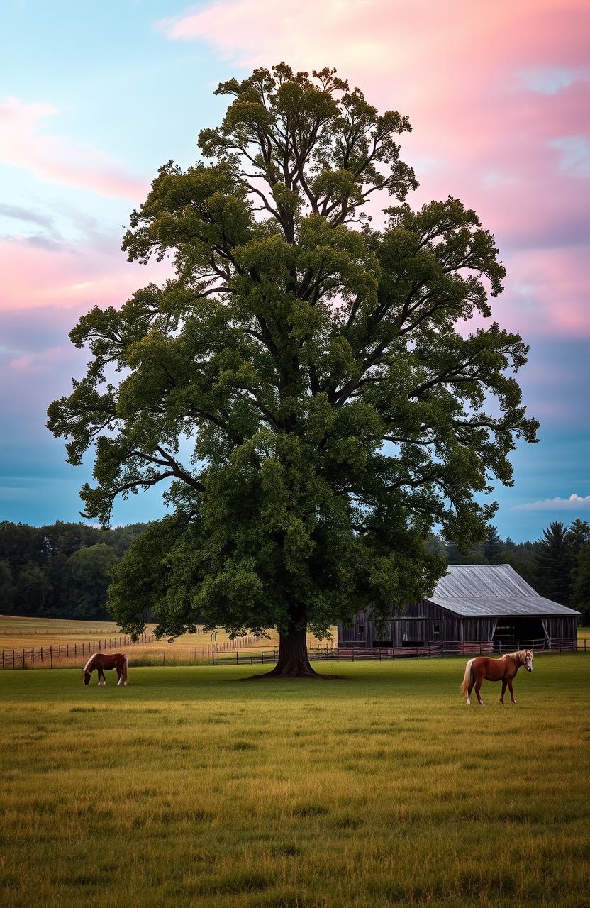 A picturesque romance-themed scene featuring a tall oak tree standing majestically in a lush, green pasture, with a few horses grazing peacefully in the background