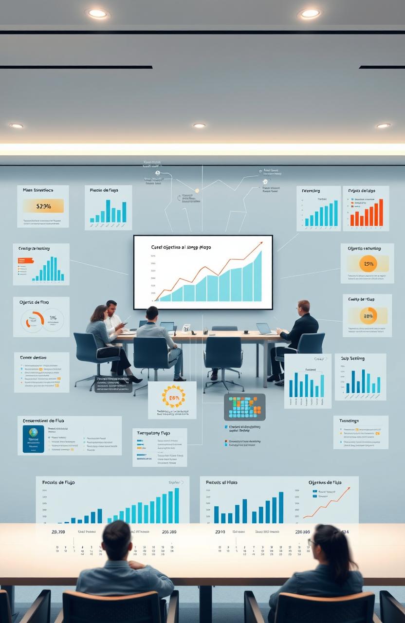 Un plan estratégico moderno y dinámico, representando un mapa visual con elementos como gráficos de crecimiento, objetivos a largo plazo, análisis FODA, y diagramas de flujo