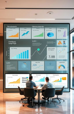 Un plan estratégico moderno y dinámico, representando un mapa visual con elementos como gráficos de crecimiento, objetivos a largo plazo, análisis FODA, y diagramas de flujo