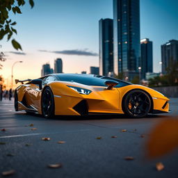 A sleek, futuristic Lamborghini parked in an urban setting at dusk, with city lights softly illuminating the surroundings