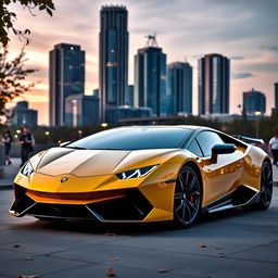 A sleek, futuristic Lamborghini parked in an urban setting at dusk, with city lights softly illuminating the surroundings