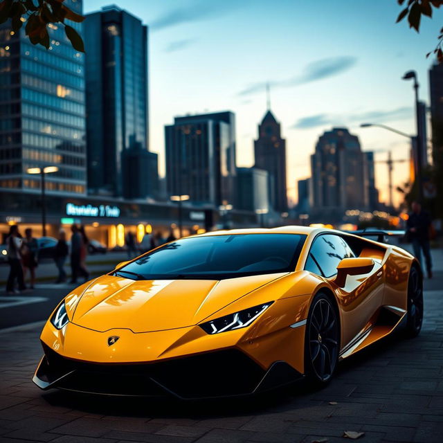 A sleek, futuristic Lamborghini parked in an urban setting at dusk, with city lights softly illuminating the surroundings