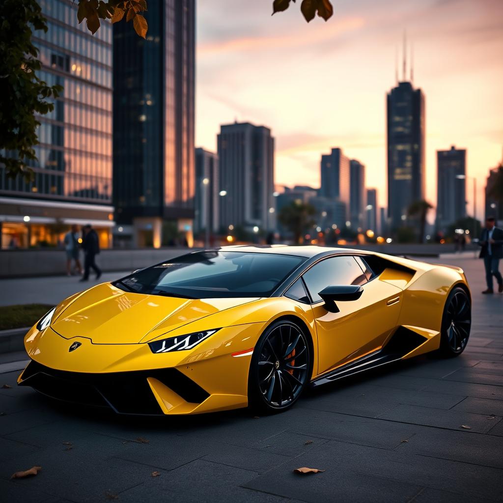 A sleek, futuristic Lamborghini parked in an urban setting at dusk, with city lights softly illuminating the surroundings