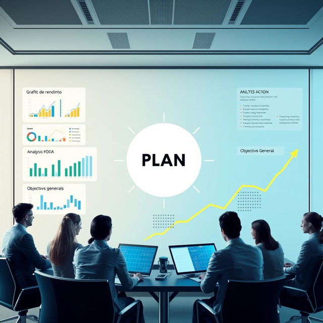 Un plan estratégico visualmente impactante, que presente un mapa de acción con elementos como gráficos de rendimiento, análisis FODA, y objetivos generales